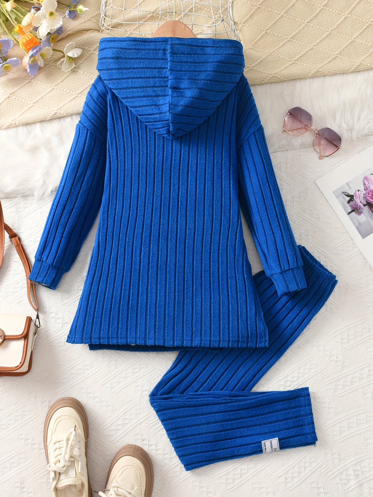 Girls' 2pcs Set, Long Brushed Solid Color Patch Hoodie Pullover and Elastic Waist Leggings, Girls' Autumn Winter Casual Set, Perfect for Outdoor