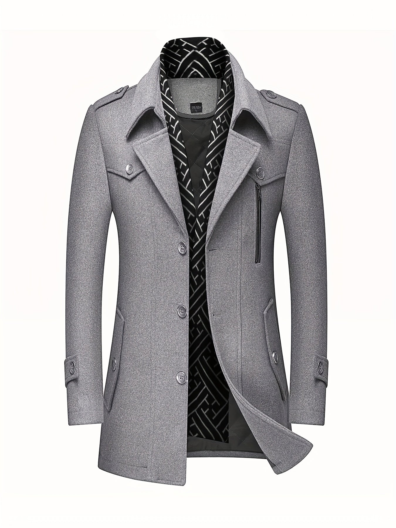 Men's Wool Blend Winter Coat with Detachable Scarf/Collars - Single-Breasted Trench Coat, Pocket & Durable - Warm Pea Jacket for Cold Weather, Casual & Formal Outfits (Hand Wash/Dry Clean)