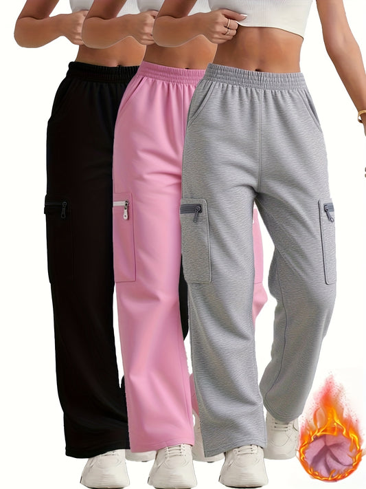 3pcs Autumn/Winter Plus Velvet Work Trousers with Multi-Pocket Zipper Bag, Jogging Pants, Casual Elastic Waist Pants Suitable for Outdoor Activities Gifts, Perfect for Outdoor, for Teenager