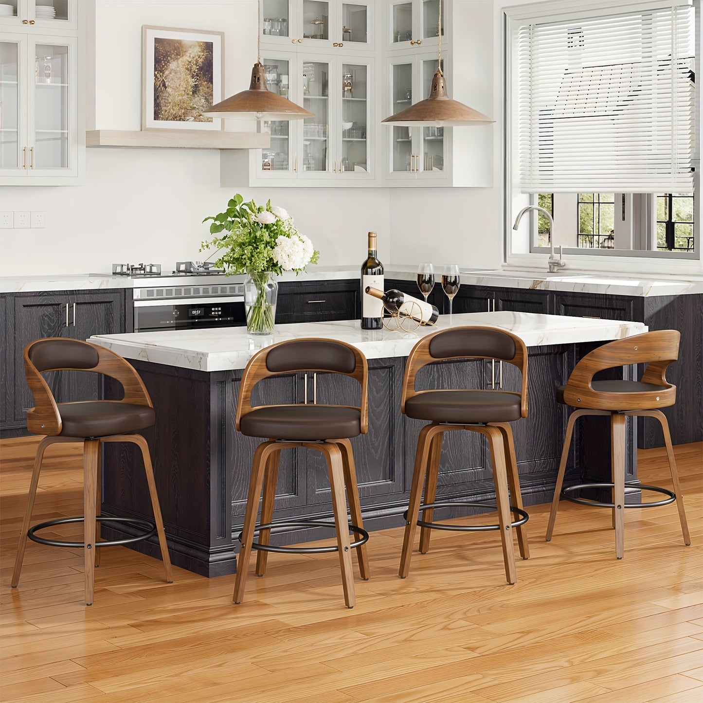 3/4 Bar Stool Set: Luxurious Faux Leather, Swivel Design, Armless, Featuring Thick Cushions And Back Support, Specifically Designed for Kitchen Islands And Bar Counters.