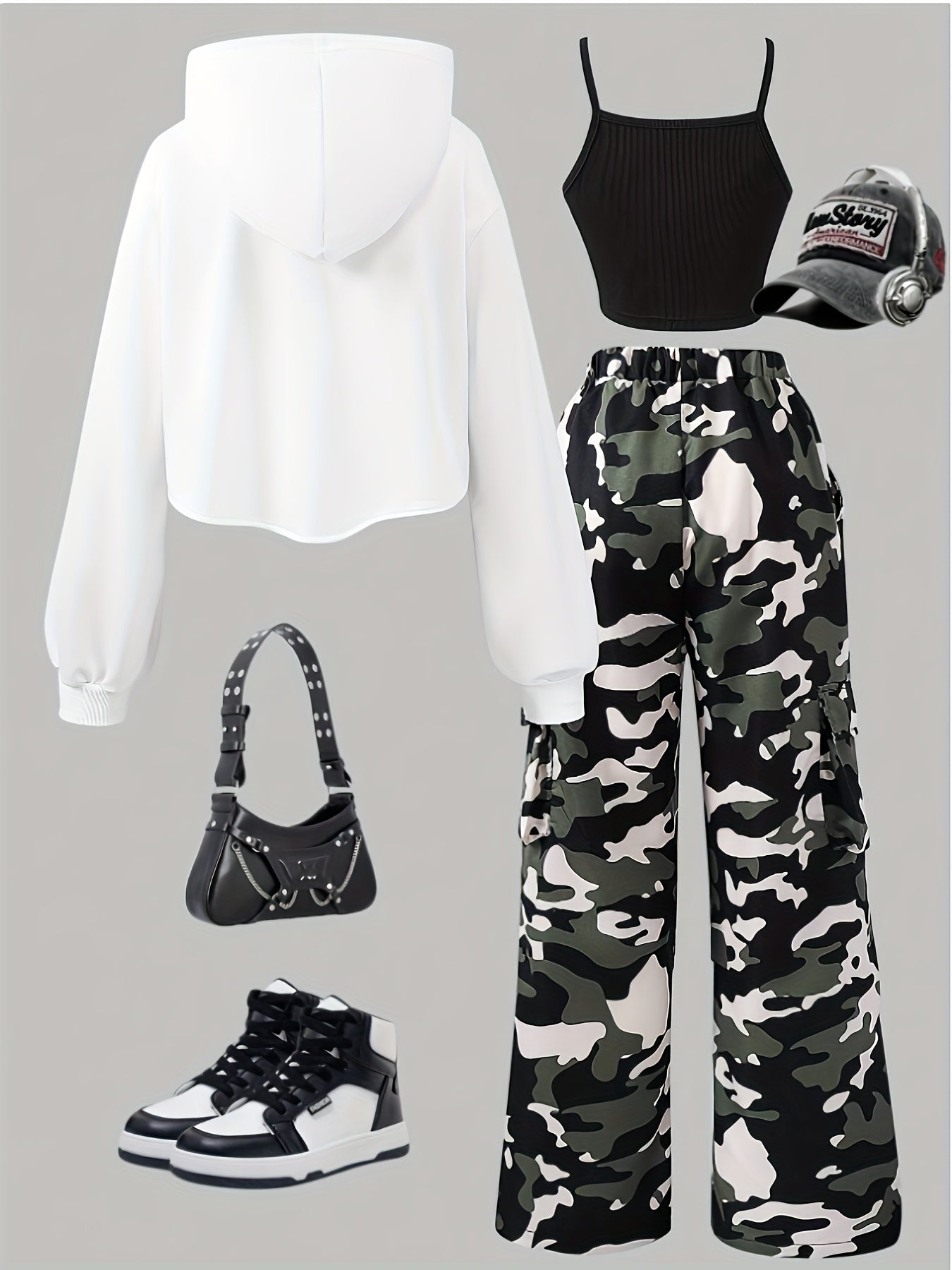 Girls' Autumn/Winter European Retro High Street Camouflage Workwear Pants + Short Hoodie + Vest Top Loose High-Waist Three-Piece Set, for Outdoor, For Teenager