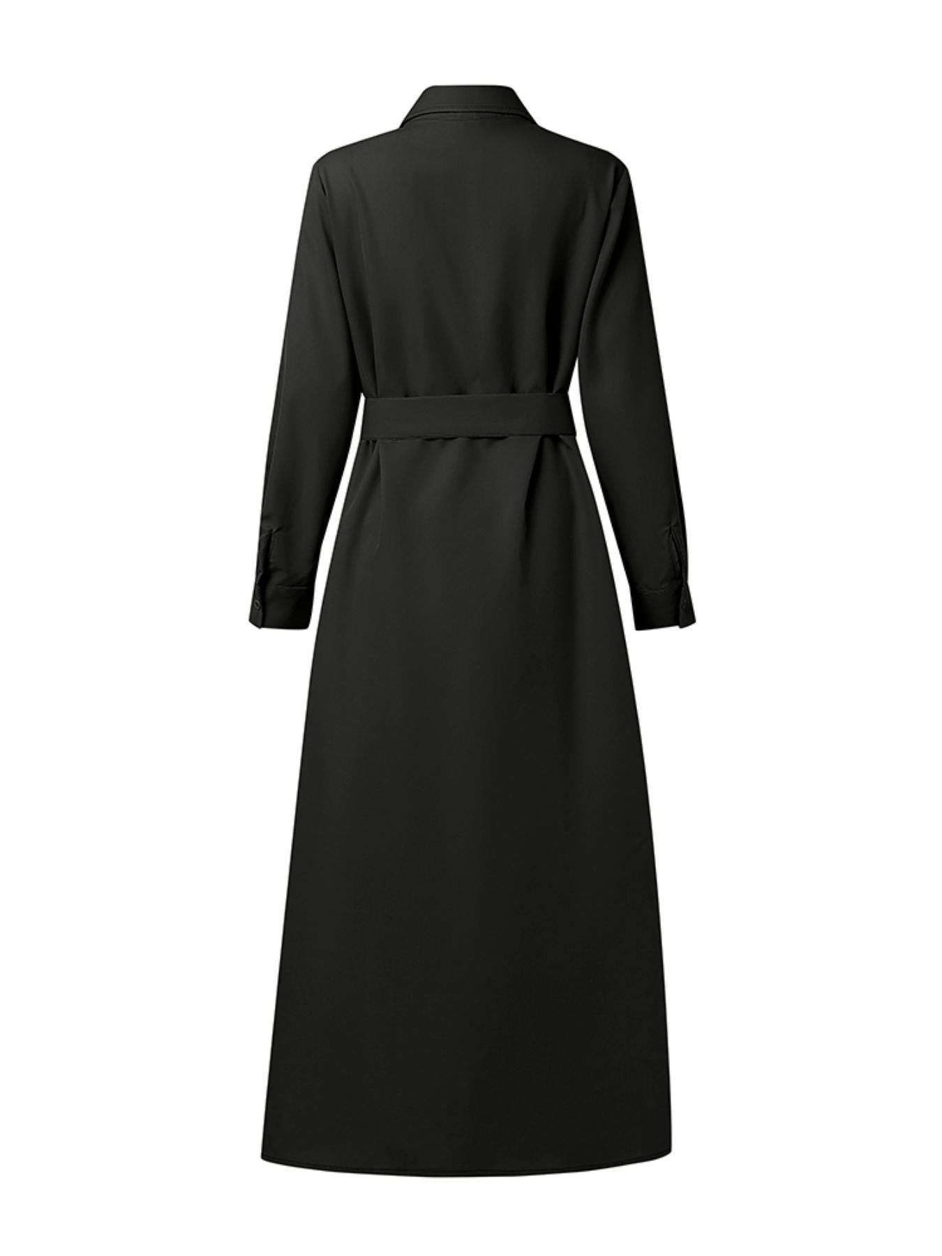 A Sophisticated Long-Sleeve Shirt Dress for Women Featuring a Lapel Collar, Single-Breasted Design, And a Tied Waist, Perfect for Casual Outdoor Commutes in an All-Matching Maxi Style