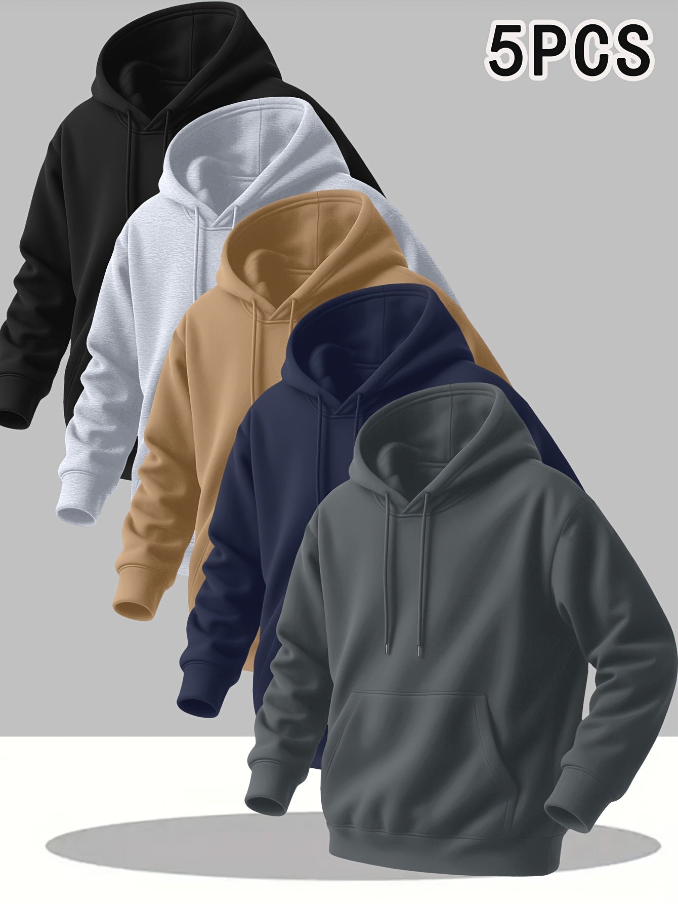 5pcs Solid Color Men's Hooded Long Sleeve Sweatshirts with Kangaroo Pocket - Breathable Pullover Sweaters, Machine Washable Outdoor Gym Jogging Wear, Spring/Fall Casual Layering (Regular Fit, 5pcs Bulk Order Discount)