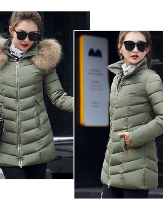 Women's Winter Padded Coat with Hood & Large Fur Collar - Mid-Length Warm Outer Jacket, Zipper Closure, Machine Washable, Casual Elegant Coat for Cold Weather, Daily Use & Special Occasions