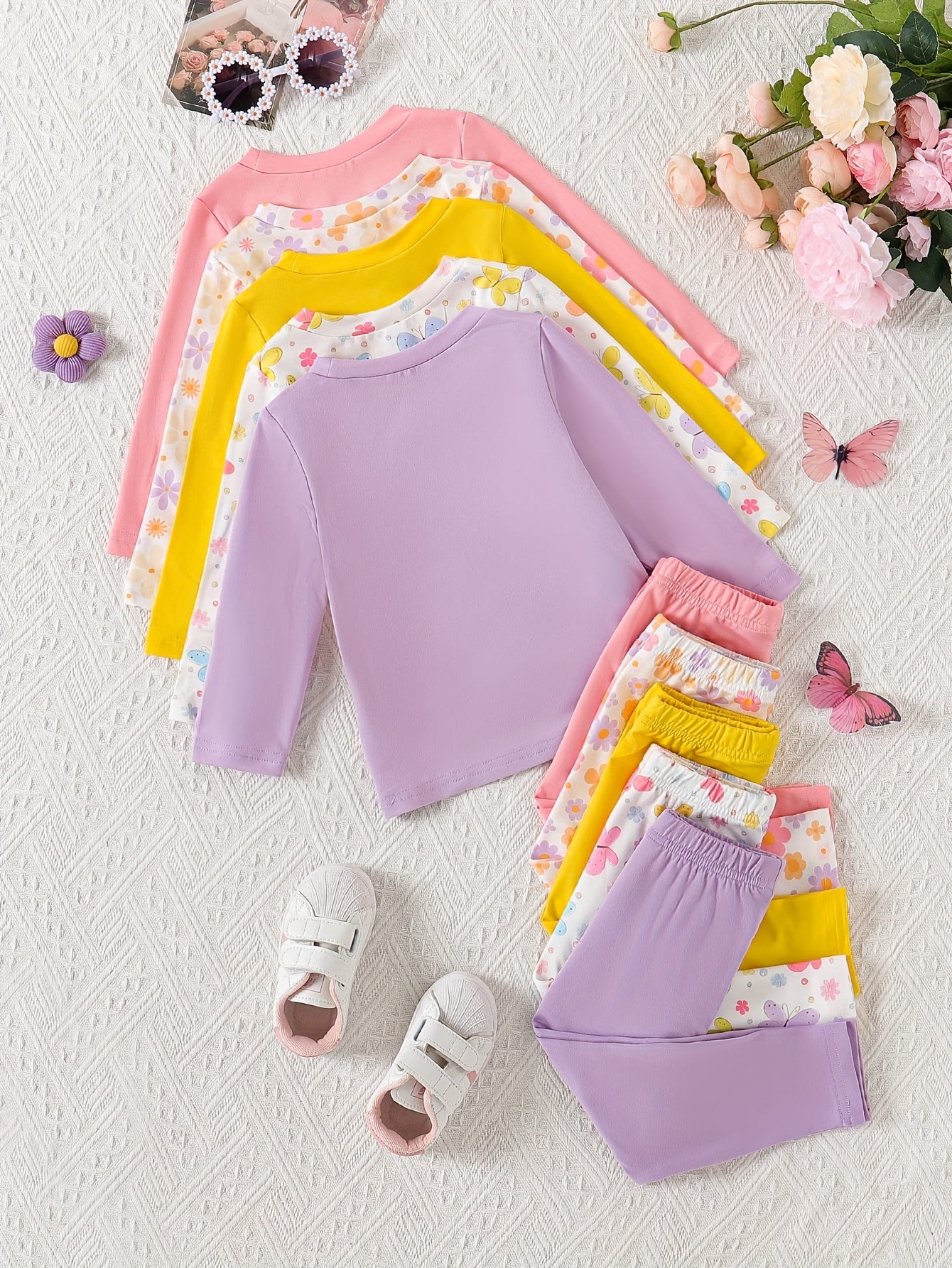 10pcs Baby Girls' Casual Long Sleeve & Pants Set - Cute & Heart Print, Soft Stretchy Fabric, Loose Fit, Spring/Fall Outdoor Playwear, Perfect for Daily Wear, for Outdoor