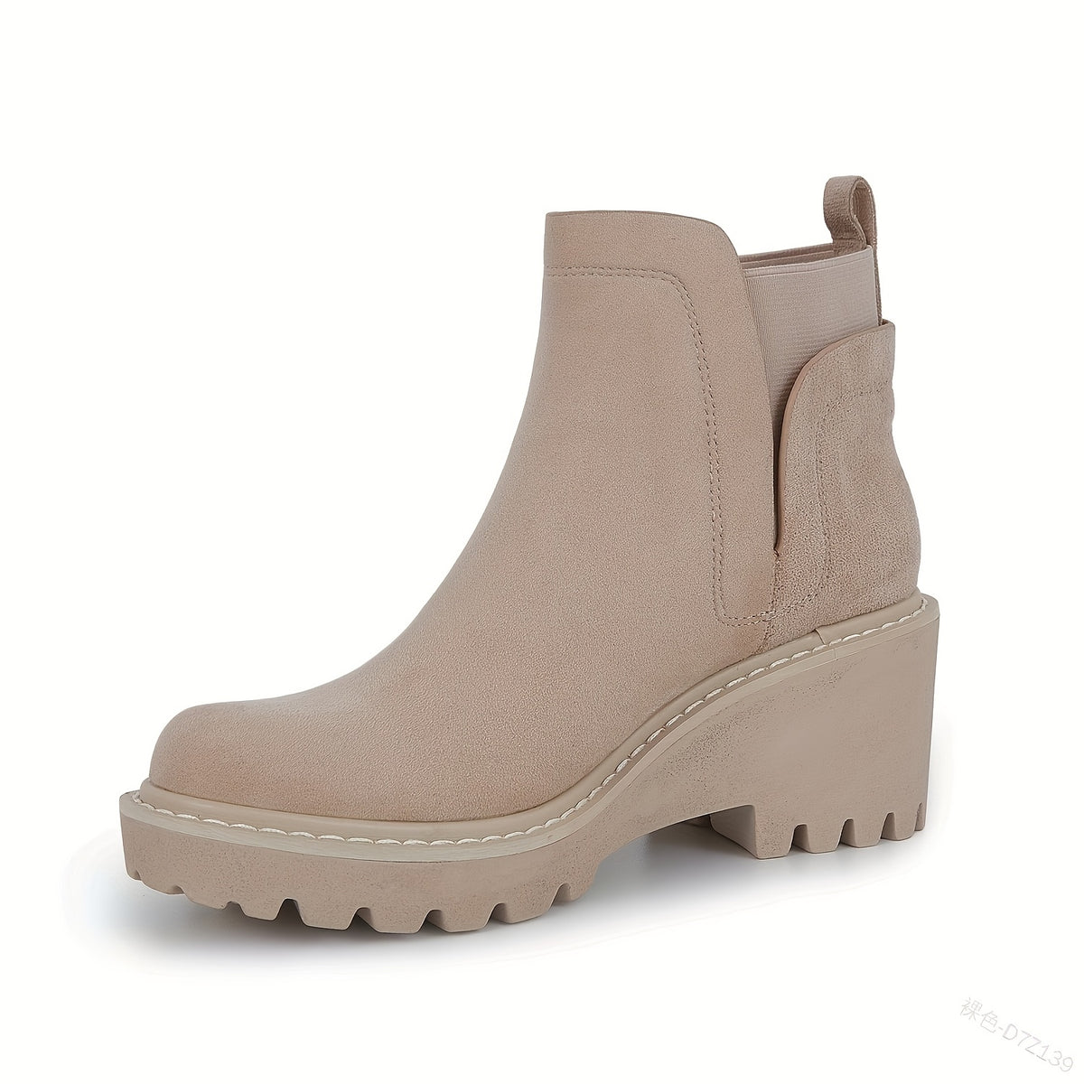Women's Chunky Heel Boots - Slip-On Ankle High, Non-Slip Cover Cover, Thick Sole, Round Toe, Beige, Fashionable Short Boots for Casual Attire, Semiformal Boots | Modern Boots | Suedelike Boots