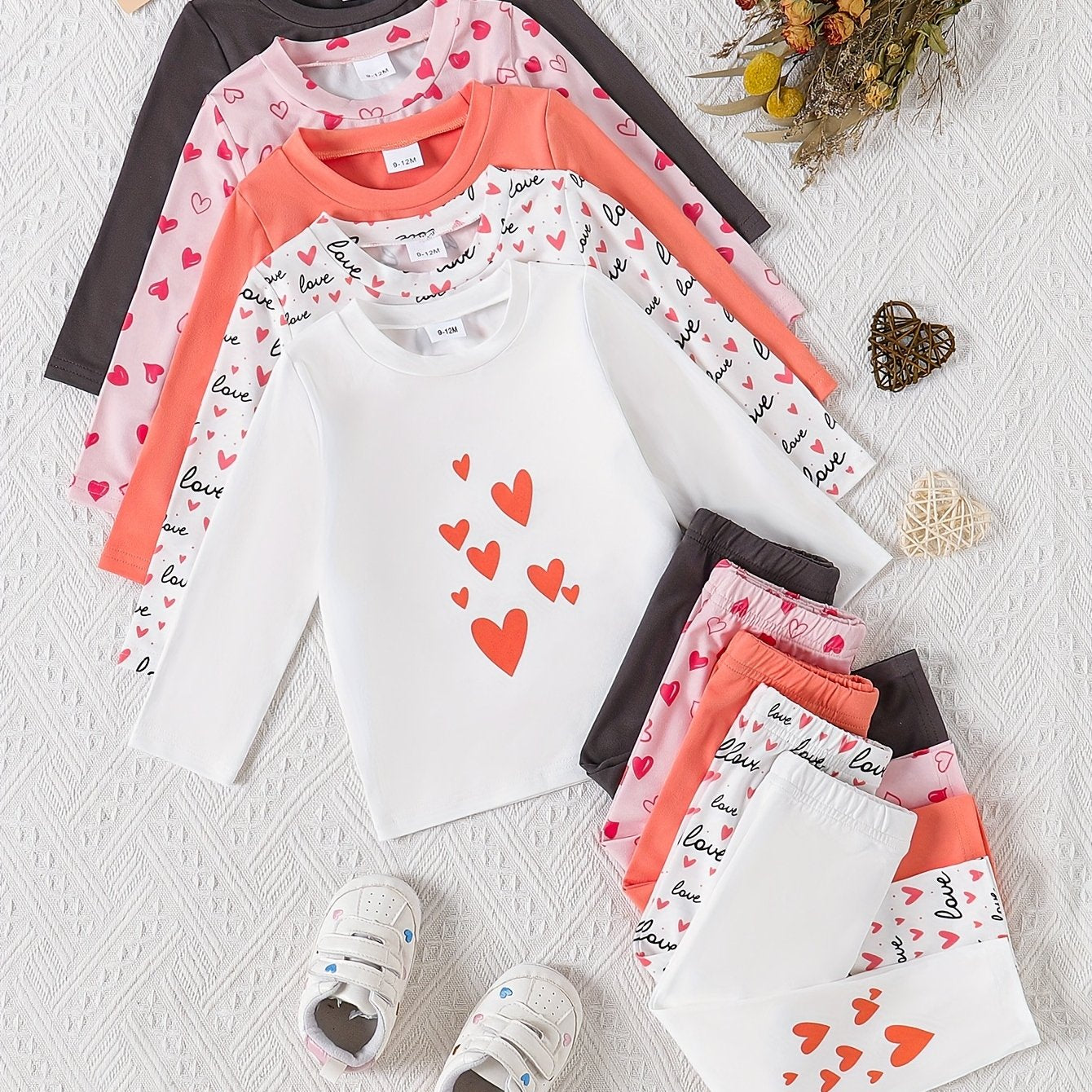 10pcs Baby Girls' Casual Long Sleeve & Pants Set - Cute & Heart Print, Soft Stretchy Fabric, Loose Fit, Spring/Fall Outdoor Playwear, Perfect for Daily Wear, for Outdoor