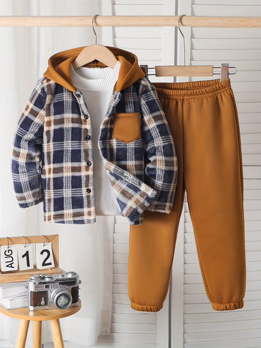 A Two-Piece Set for Boys Featuring a Reversible Plaid Fleece Hooded Cardigan And Knitted Brushed Sweatshirt Pants, Perfect for Autumn And Winter, Offering And Warmth for Casual Outdoor Wear, for Outdoor, Winter Clothing, Casu