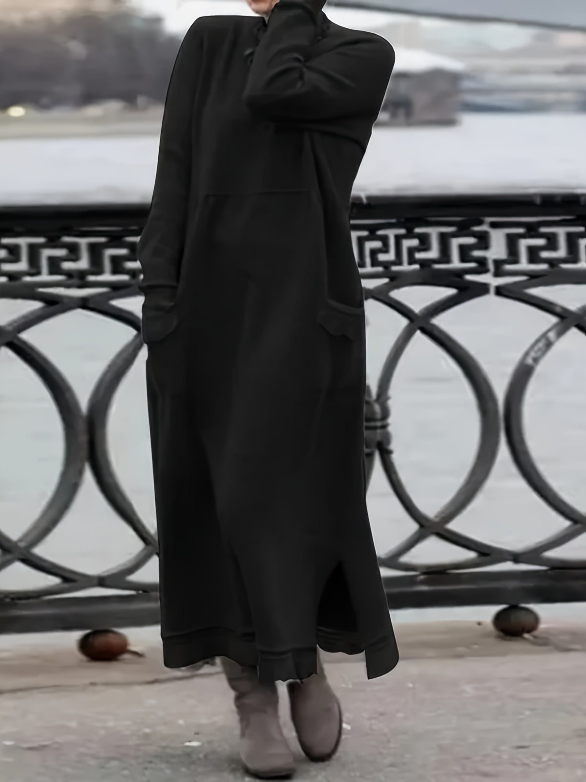 Plus Size, 2025 Autumn New Women's Loose Fit Plus-Size Lace Long Skirt with Velvet Hoodie - Casual Round Neck Long Sleeve Solid Color Dress, Pockets & Hand Wash/Dry Clean, Cozy Fall Winter Outfit