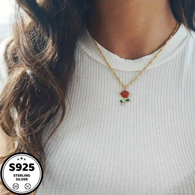 925 Sterling Silvery Red Rose Pendant Necklace, 18K gold plated 18K gold plated-plated Teenager'S Necklace, Chain, Waterproof, Sweat-proof, Inlaid With Synthetic Synthetic Zircon, Daily Wear, Holiday, Birthday, Anniversary