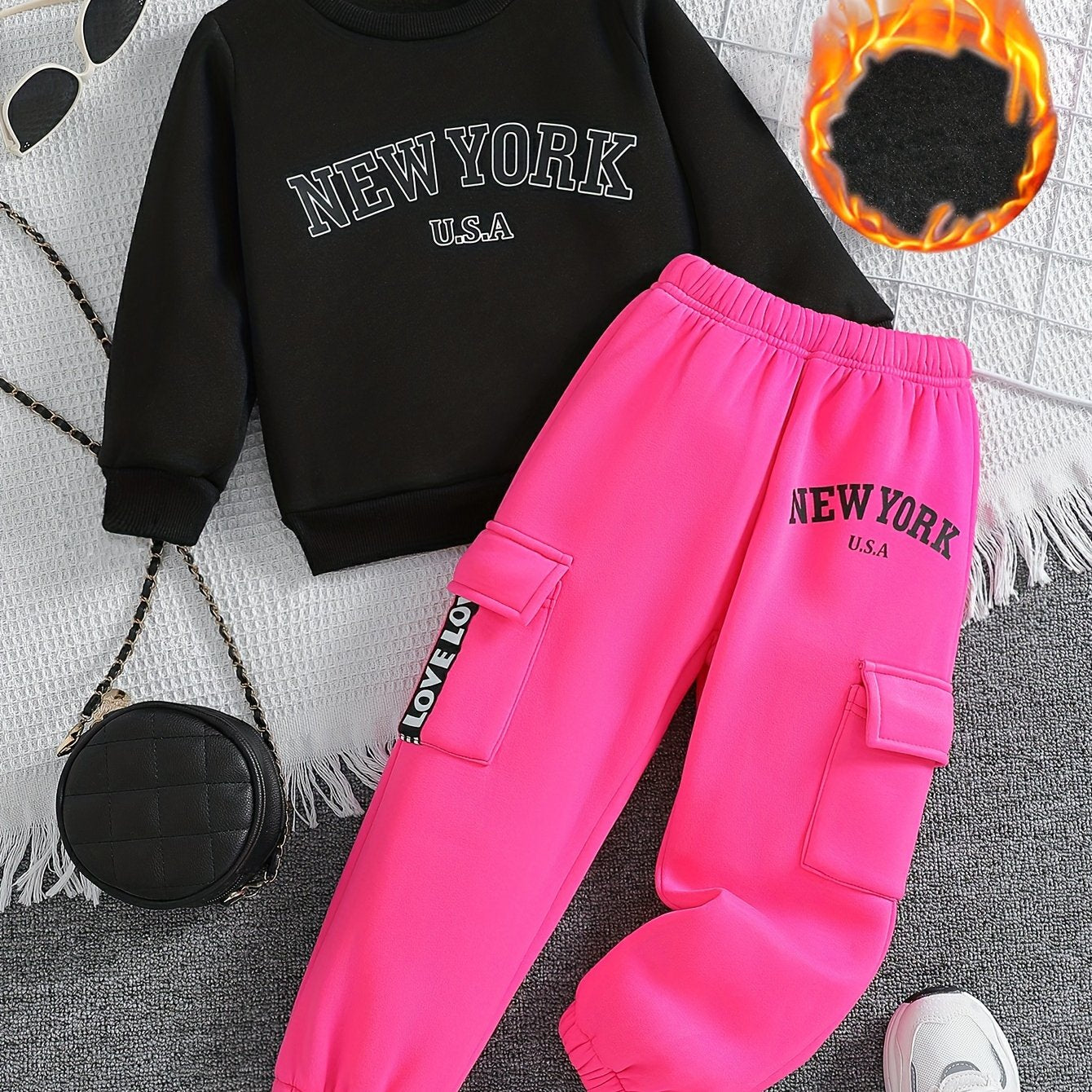 Girls' Letter Print Round Neck Long Sleeve Thick Fleece-Lined Sweatshirt + Letter Print Thick Fleece-Lined Cargo Pants with Side Pockets Fashion Set, Perfect for Outdoor, Thick Fleece-Lined, Sweater Pants, Sweatshirt And Pant