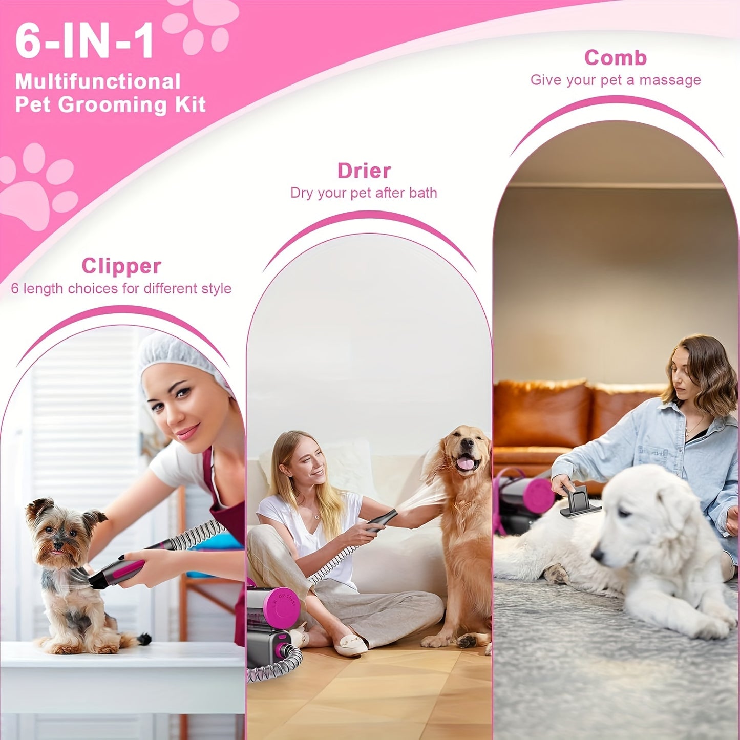Dog Grooming Kit 10pcs, Red/Purple All-in-One Blow/Suction/Trimming Pet Grooming Tools, Hair Clipper, Vacuum Cleaner, Powerful Hair Dryer, Power Adjustable, Easy to Remove Hair, More Suitable for Pet Cats And Dog Use