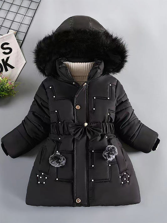 Girls' European & American Style Winter Coat - Thickened Warm Full-Zip Hooded Jacket with Full-Zip Closure, Windproof &, Winter Clothes For Girls