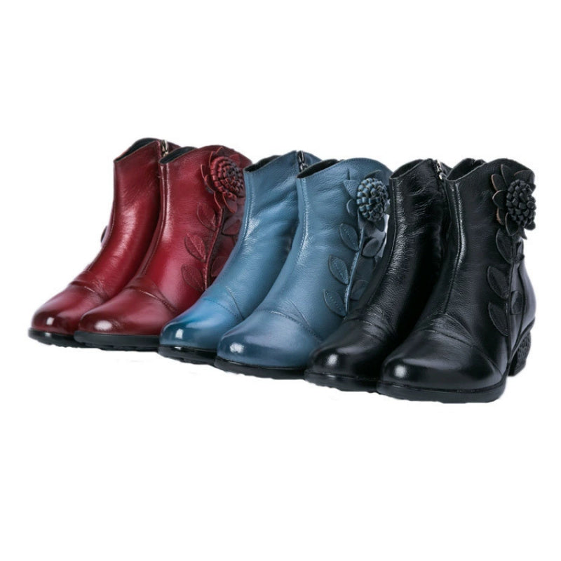 Women'S Genuine Leather Ankle Boots with faux fur - Vintage Bohemian Round Toe Mid-Heel Chunky Heel, Zipper Closure, Plush & Rubber Sole - Warm Winter Boots for