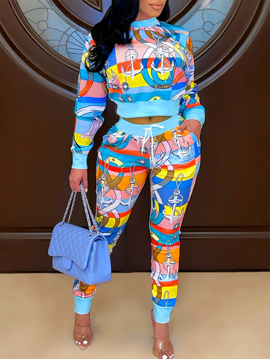 Women's Fashion Autumn And Winter Long Sleeve Top, Long Pants, Funky Two Piece Set - Casual Wear, Fashionable Prints, Comfortable Drawstring Waist, Thin And Thick - Women's Versatile Work Commute, Daily Fashion Street Suit.