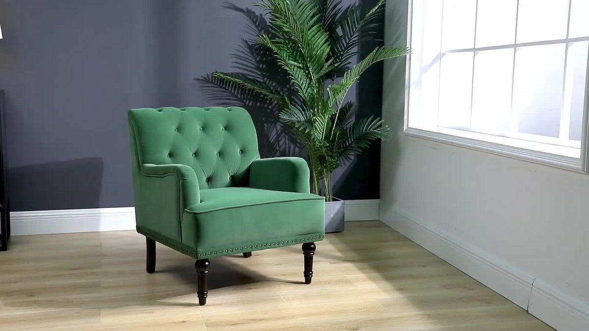 Velvet Accent Chair, Modern Wingback Arm Chair with Wood Legs, Velvet Tufted Upholstered Single Sofa Chair for Living Room Bedroom, Dining Room Accent Armchair Club Guest Chair, Grey