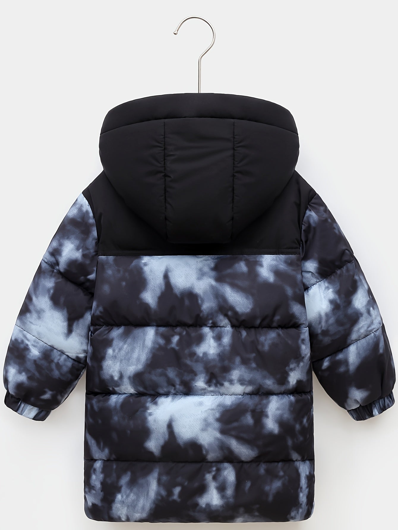 Youngsters' Camo Color-Block Hooded Parka - Warm Polyester Jacket for Boys & Girls, Fall/Winter Outerwear with Zipper Closure, Black & Blue Camouflage Pattern, Cozy and Stylish for Autumn/Winter