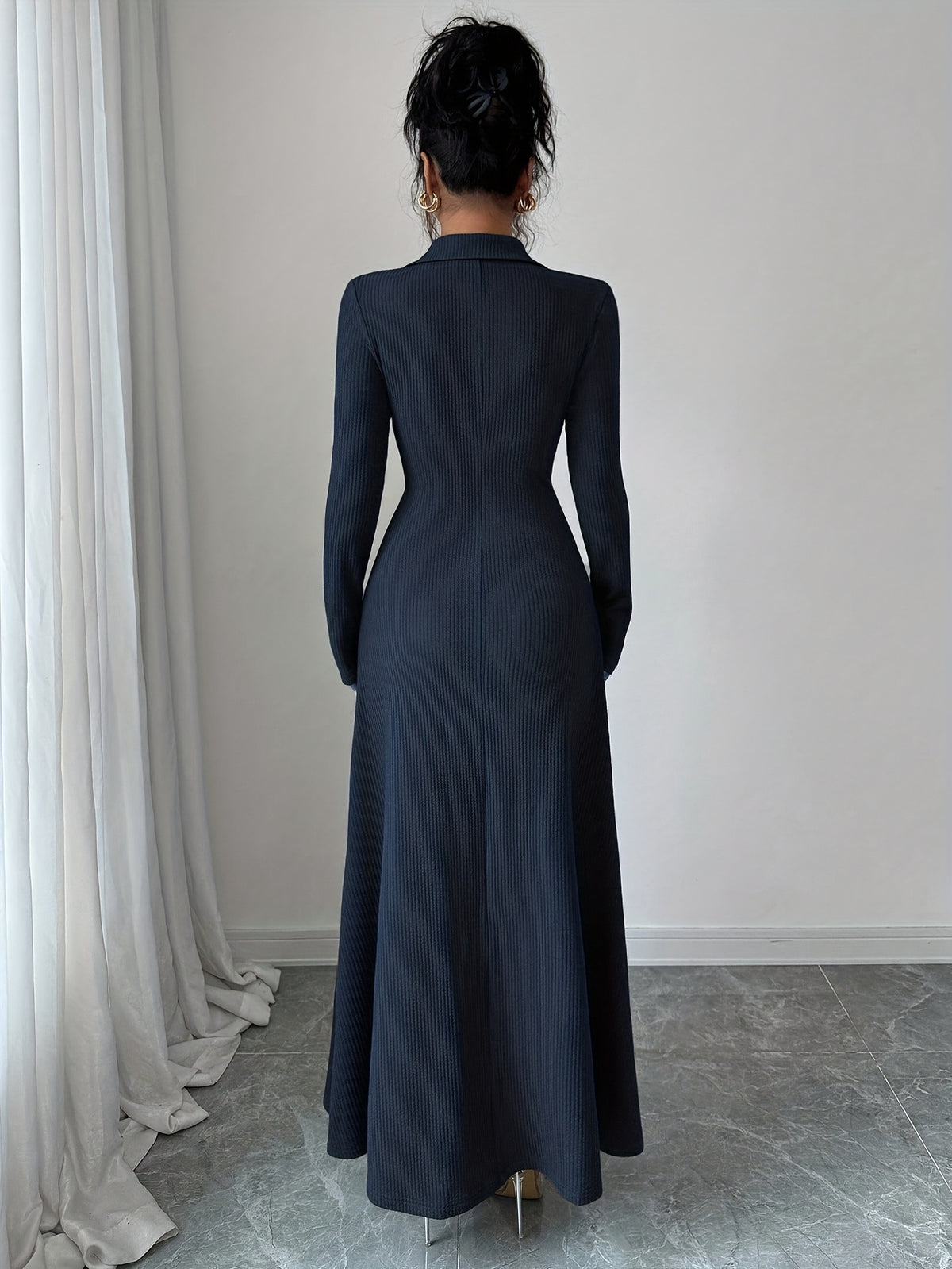 Women'S Elegant A-Line Maxi Dress - Long Sleeve Formal & Everyday Chic Outfit, Button Front Closure, Flattering Fit for Fall/Winter, Office, Party, Fashion Lovers, Stylish Outfit, Quality Stitching, Sophisticated Style, Winte