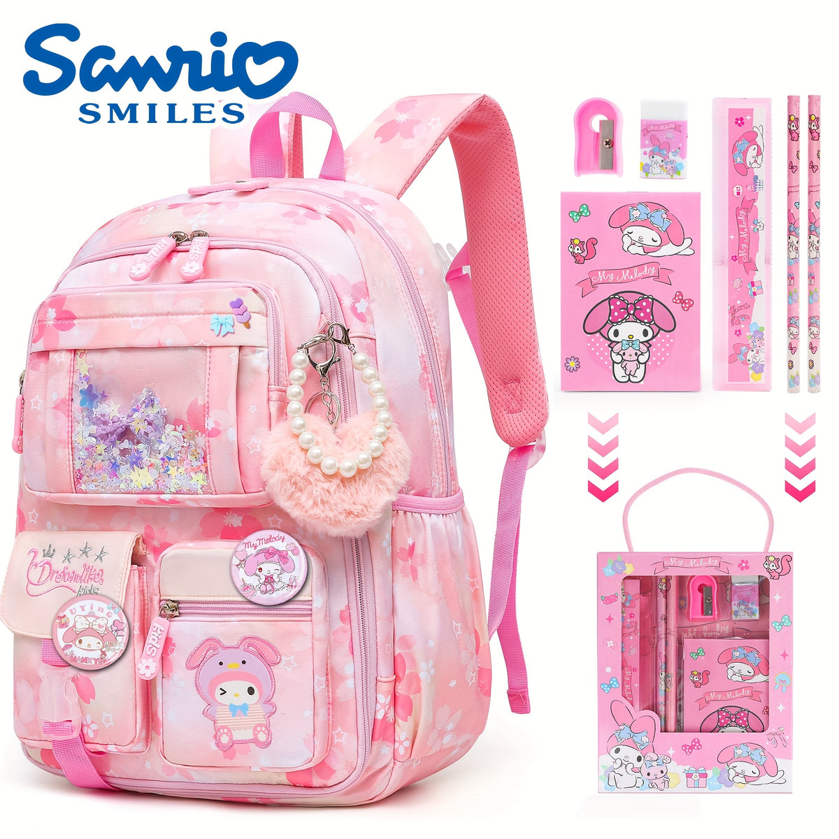 For My Melody Cartoon Shoulder Bag Quicksand Effect Cute Student Schoolbag Travel Backpack New Semester Gift Gift 1 Plush Pendant 2 Badges And Stationery Set Outdoor Camping Hiking Ultra-lightweight Equipment Travel Essential