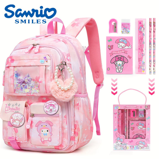 For My Melody Cartoon Shoulder Bag Quicksand Effect Cute Student Schoolbag Travel Backpack New Semester Gift Gift 1 Plush Pendant 2 Badges And Stationery Set Outdoor Camping Hiking Ultra-lightweight Equipment Travel Essential