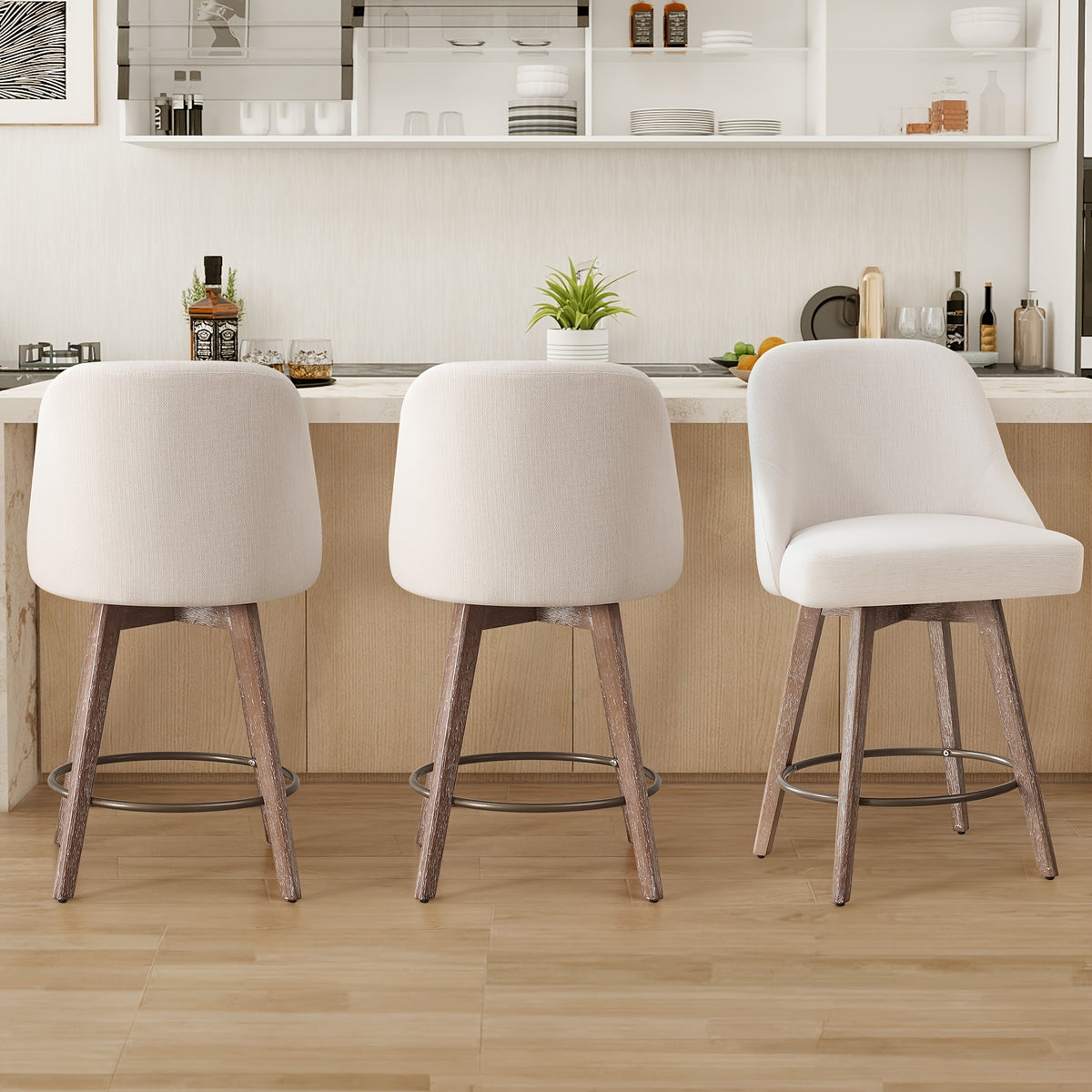 Modern Mid-Century Swivel Counter Height Bar Stools, Set of 3 with Backs, Linen Fabric Upholstered & Sturdy Wood Legs, 360° Swivel Base, 26" Seat Height, Easy Assembly, for Home Bar Dining or Modern Kitchen, Durable H