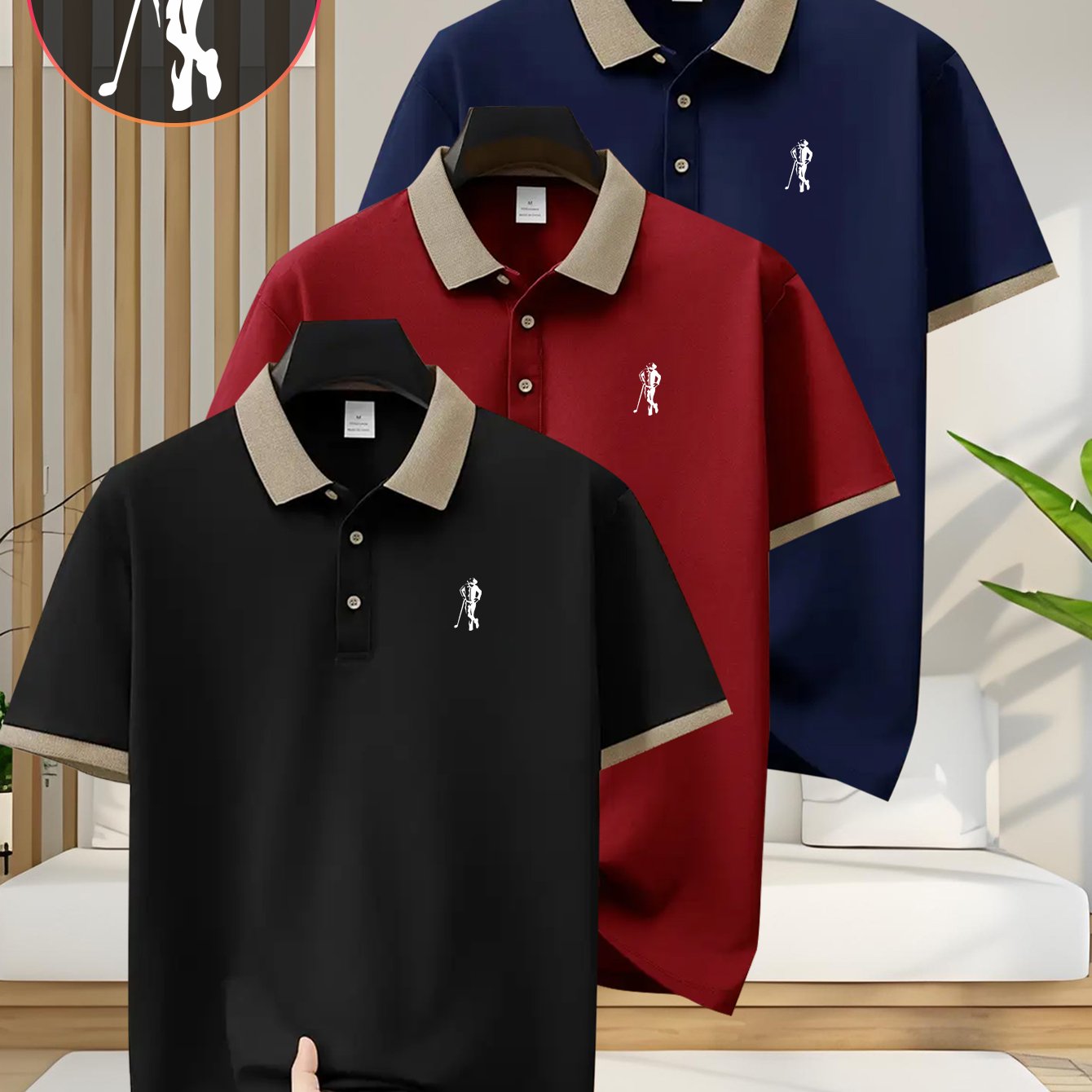 [Ideal Christmas Gift] A Trendy Three-Piece Set of Men's Polo Shirts, Perfect for Casual Wear And Golf, Featuring Print Patterns, a Collared Design, Short Sleeves, Buttoned Neck, And Breathable Fabric, Making It an Ideal Chri
