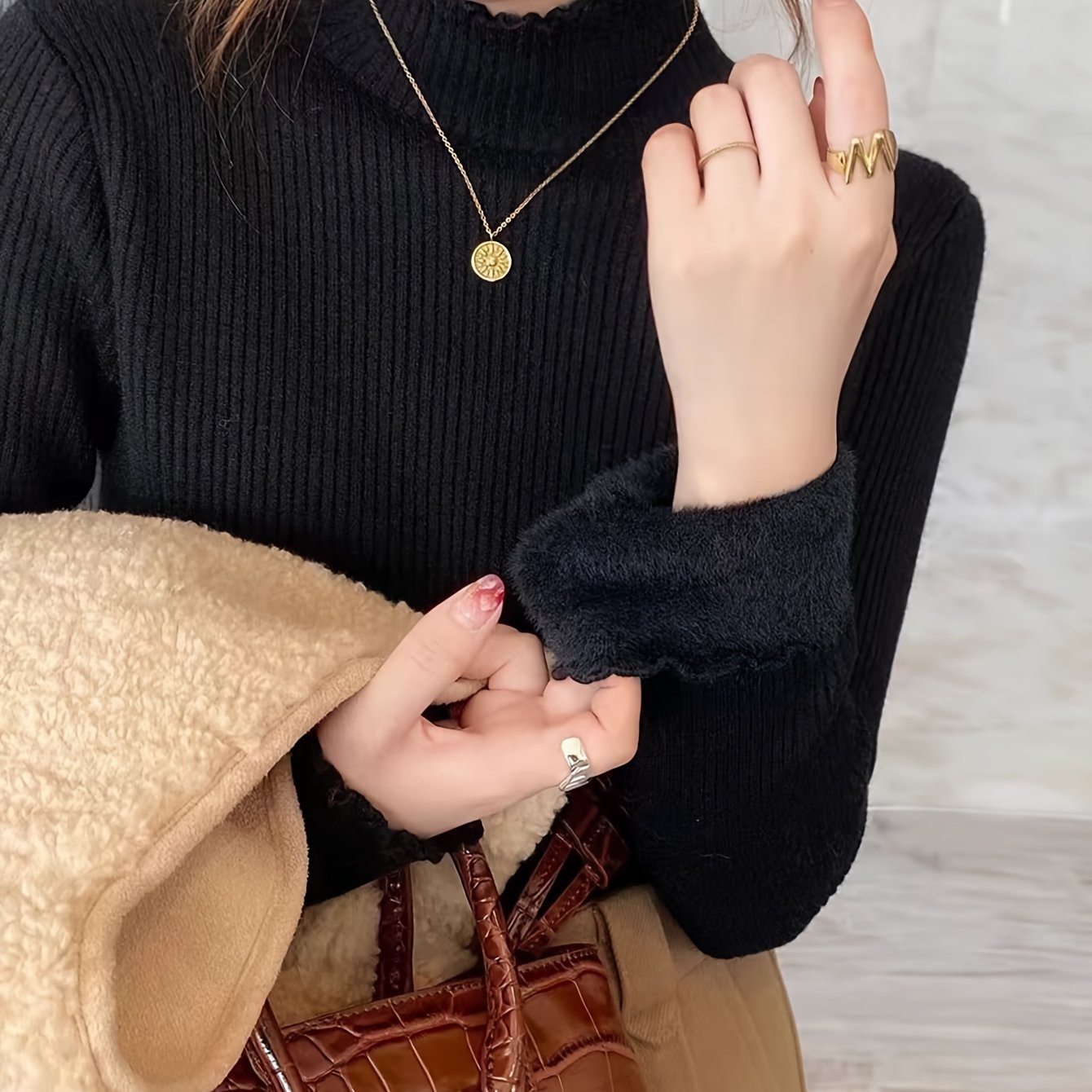 Solid Color Autumn Winter Early Spring Half High Neck Ruffle Fleece Lined Knit Sweater