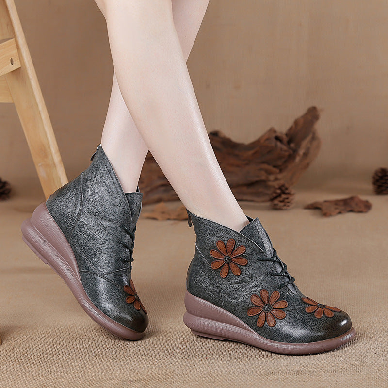 Women'S Genuine Leather Platform Ankle Boots with Floral Embellishment - Chunky Heel, Round Toe & Zipper Closure, Warm & Cushioned Insole, Casual to Semi-Formal Cowhide Boots for Everyday Comfort (Brown/Red) - Hand Washable R