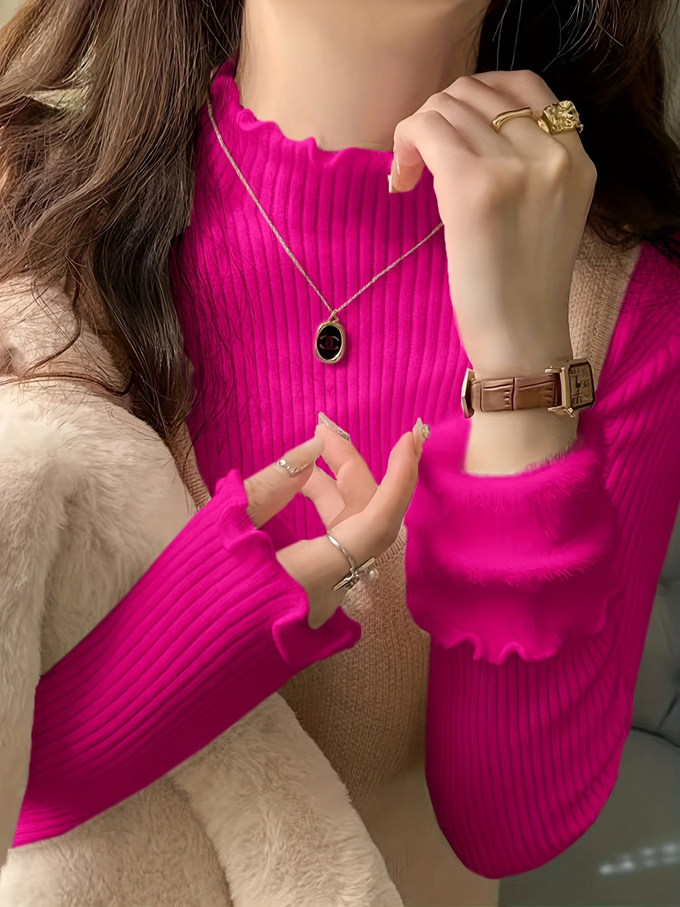 Solid Color Autumn Winter Early Spring Half High Neck Ruffle Fleece Lined Knit Sweater