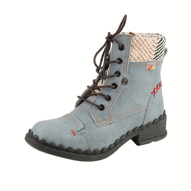 TMA ETES Women'S Elegant Height-Increasing Chunky Heel Ankle Boots with Anti-Slip TPR Sole, Side Zipper Closure, Round Toe & Plaid Design - All-Season Genuine Cover-like Synthetic Upper, Low Block Heel, Round Toe & Arch Suppo