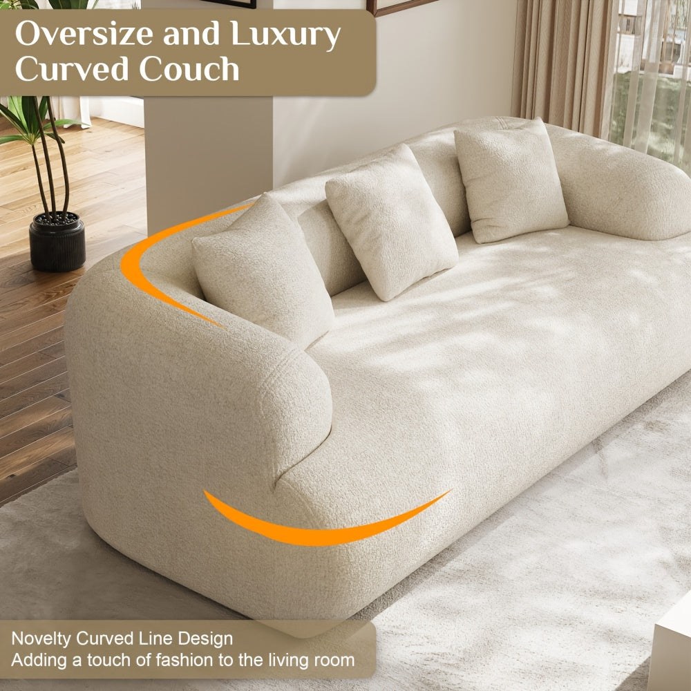 Modern Curved Sectional Sofa - Extra Wide & Deep Plush Chenille Couch with 3 Cushions, White Luxury Oversized 4-Seater, No Assembly Required, Soft Foam Padding & Easy-Clean Fabric for Large Living Room, Contemporary Minimalis