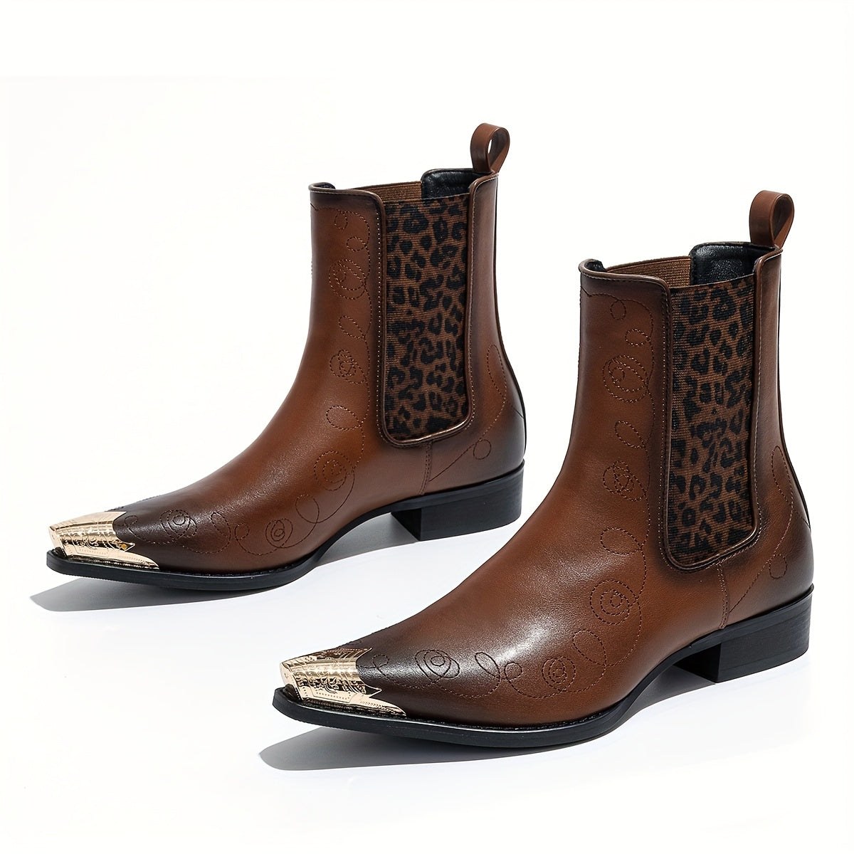 Men's Slip-On Iron-Toed Cowboy Boots with Imitation Leopard Print & Elastic Band - Low Heel Western Chelsea Boots, Pointed Toe & Round Sole for Weddings, Parties, Business - All-Season Comfortable Booties