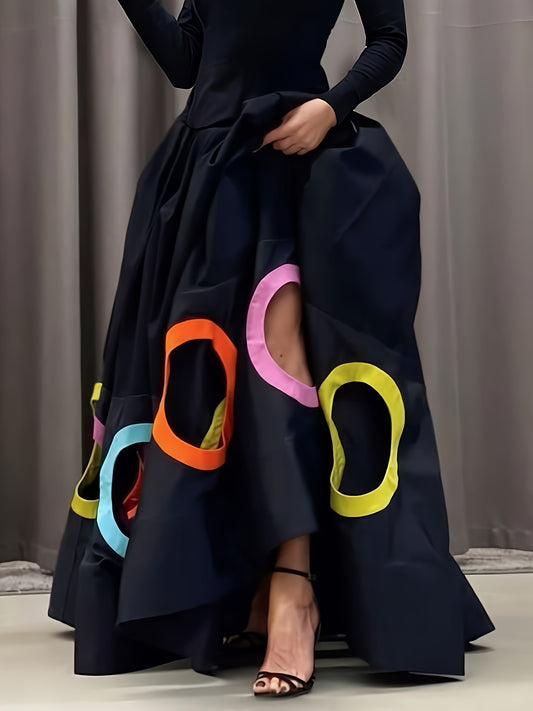 Elegant Women's A-Line Maxi Dress with Long Sleeves, Round Neck & Colorful Patchwork Design - Perfect for Fall/Winter Parties, Banquets & Casual Wear - Available in Black, Sizes S to 2XL, Cute Dresses