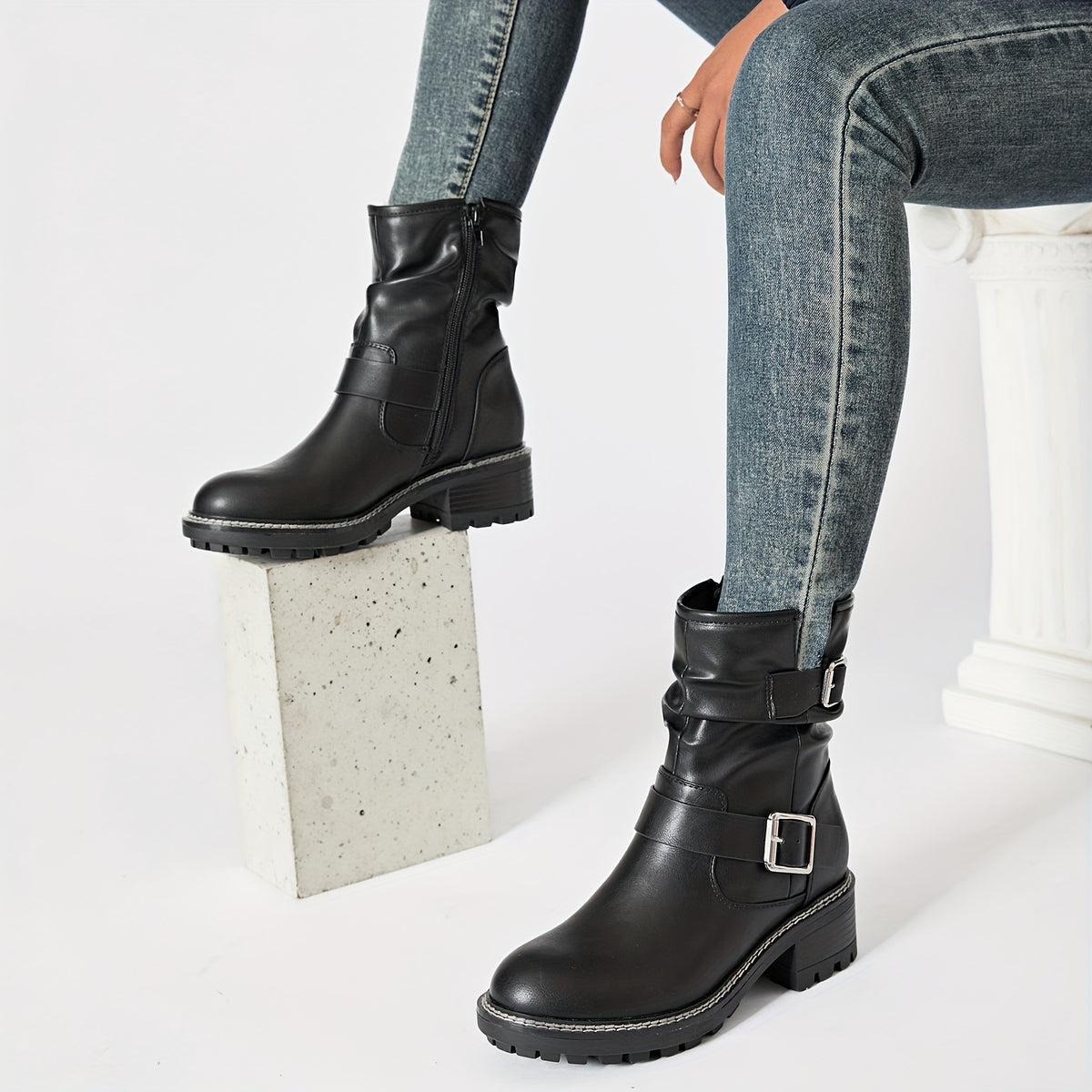 Women's Low Chunky Heel Riding Combat Boots - Round Toe Short Boots with  /Fiberliner & TPR Sole, Zipper Closure Casual All-Season Booties for Equestrian, Outdoor, Casual Attire (Solid Color)