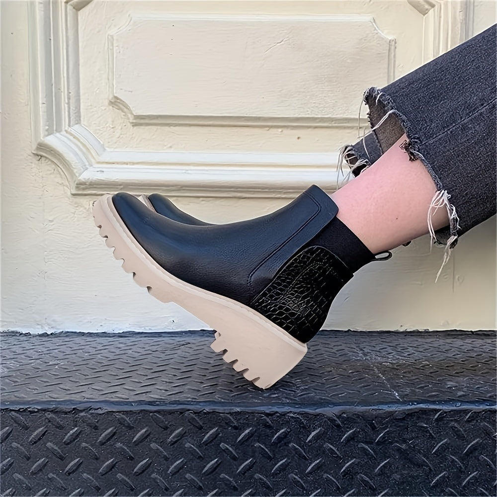 Women's Chunky Heel Boots - Ankle High, Non-Slip Cover Cover Combat Booties with Round Toe & Elastic Side Panels for All-Season Casual Wear