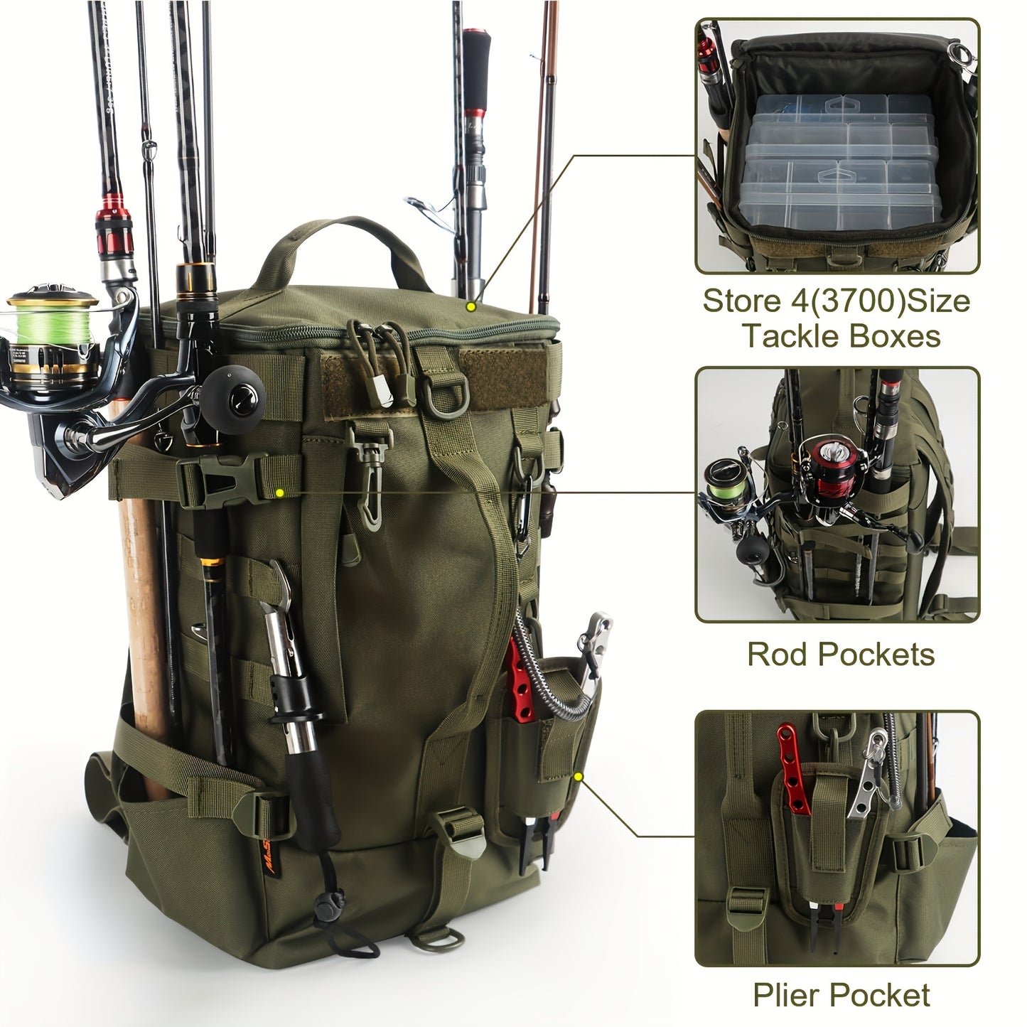 Heavy-Duty Nylon/Polyester Fishing Backpack with Rod Holder & Multiple Zippered Compartments - Large Capacity Tackle Organizer, Padded Back Panel & Side Pockets for Freshwater/Saltwater Fishing, Camping, Hunting Gear - Durabl