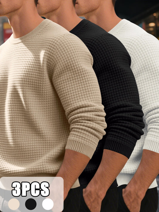 [3pcs Men's Sweatshirt] 3pcs Men's Casual Textured Sweatshirt, Spring/Autumn Warm Long Sleeve Round Neck T-Shirt, Street Vintage Versatile Trendy Basic Long Sleeve Sweatshirt, Fashion Plaid Textured Solid Color Sport Pullover