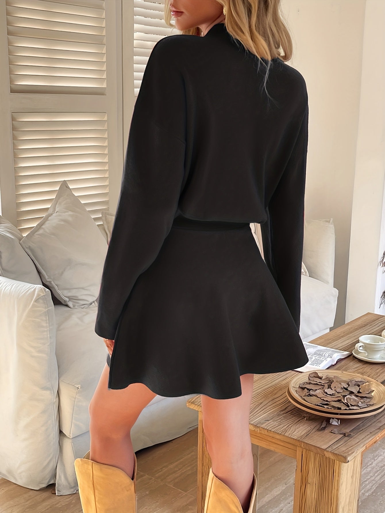 Women's Winter Warm Dress - High Neck Sweater A-Line Dress with Short Skirt, Machine Washable Solid Color Elegant Dress for Church Weddings Conferences, Fall & Winter Outfits (No  Needed)