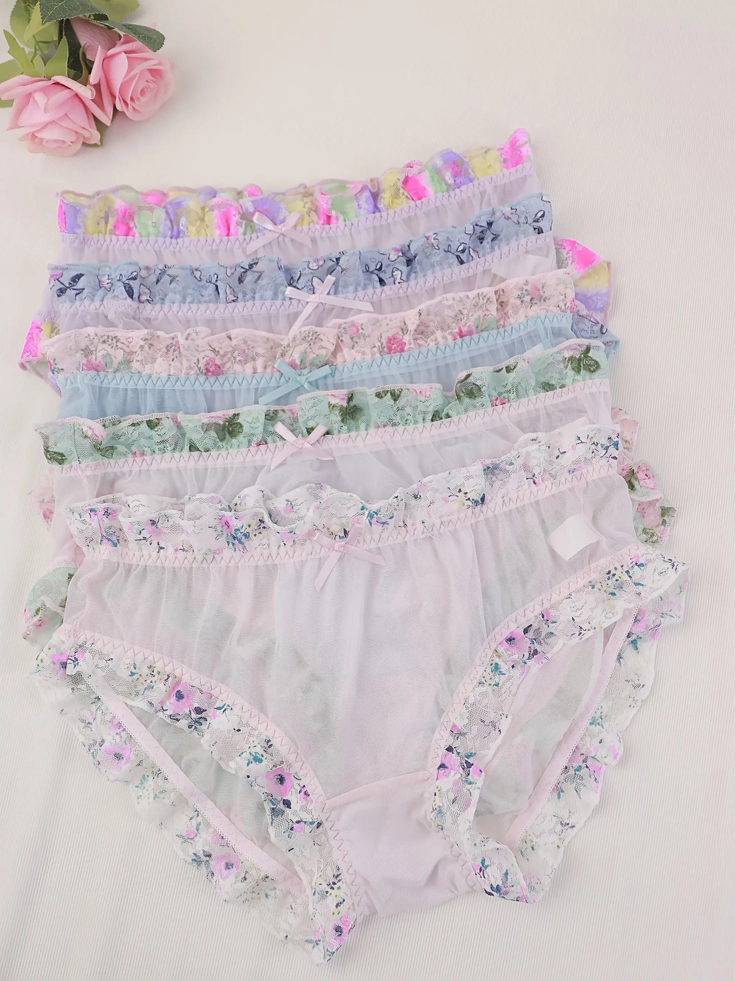 5pcs Set Women's Plus-Size Sheer Mesh Underwear - Sweet & Lace Trim with Ruffled Edges & Bow Accent, Pastel Colors (Pink, Blue, Lavender, Mint, White) - Semi-Transparent Comfortable Everyday Panties, Machine Washable, Multi-C