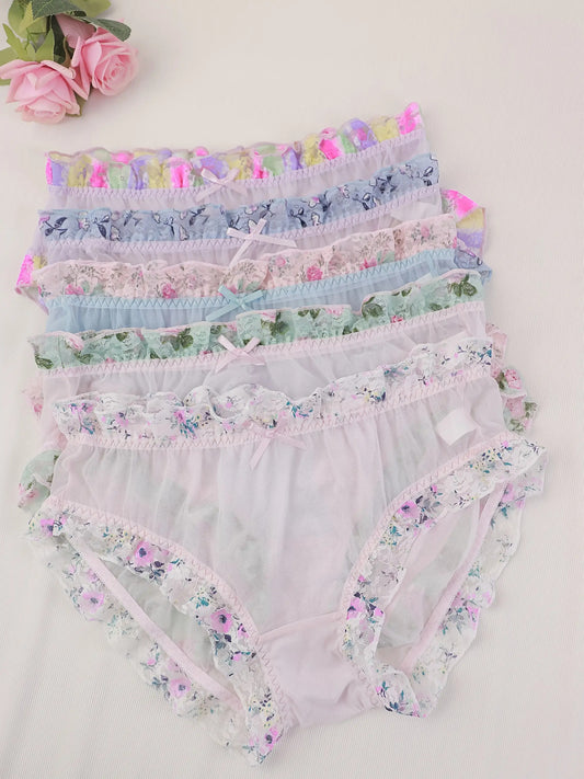 5pcs Set Women's Plus-Size Sheer Mesh Underwear - Sweet & Lace Trim with Ruffled Edges & Bow Accent, Pastel Colors (Pink, Blue, Lavender, Mint, White) - Semi-Transparent Comfortable Everyday Panties, Machine Washable, Multi-C