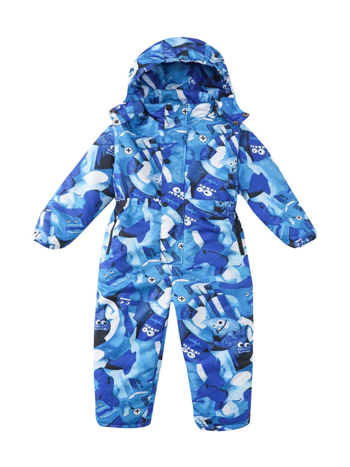 Kids' Thickened Warm Hooded One-Piece Ski Suit - All-in-One Snow Jacket & Pants with Pockets, Shark/Dolphin/Starfish Print Winter Snowwear for & Girls, Easy-Dress Outfit for Skiing, Snowboarding & Outdoor Play, Perfect for Ou