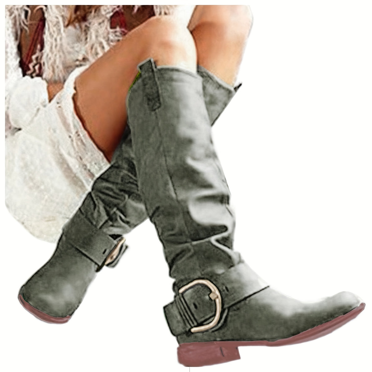Women's Western Cowboy Boots - Chunky Low Block Heel Pull-On Knee-High Boots with PU Round Toe & Rubber Sole, Wide Widths (Size 11/12/13) - Cowgirl Riding Boots for Weddings, Rodeo, Casual Outfits -