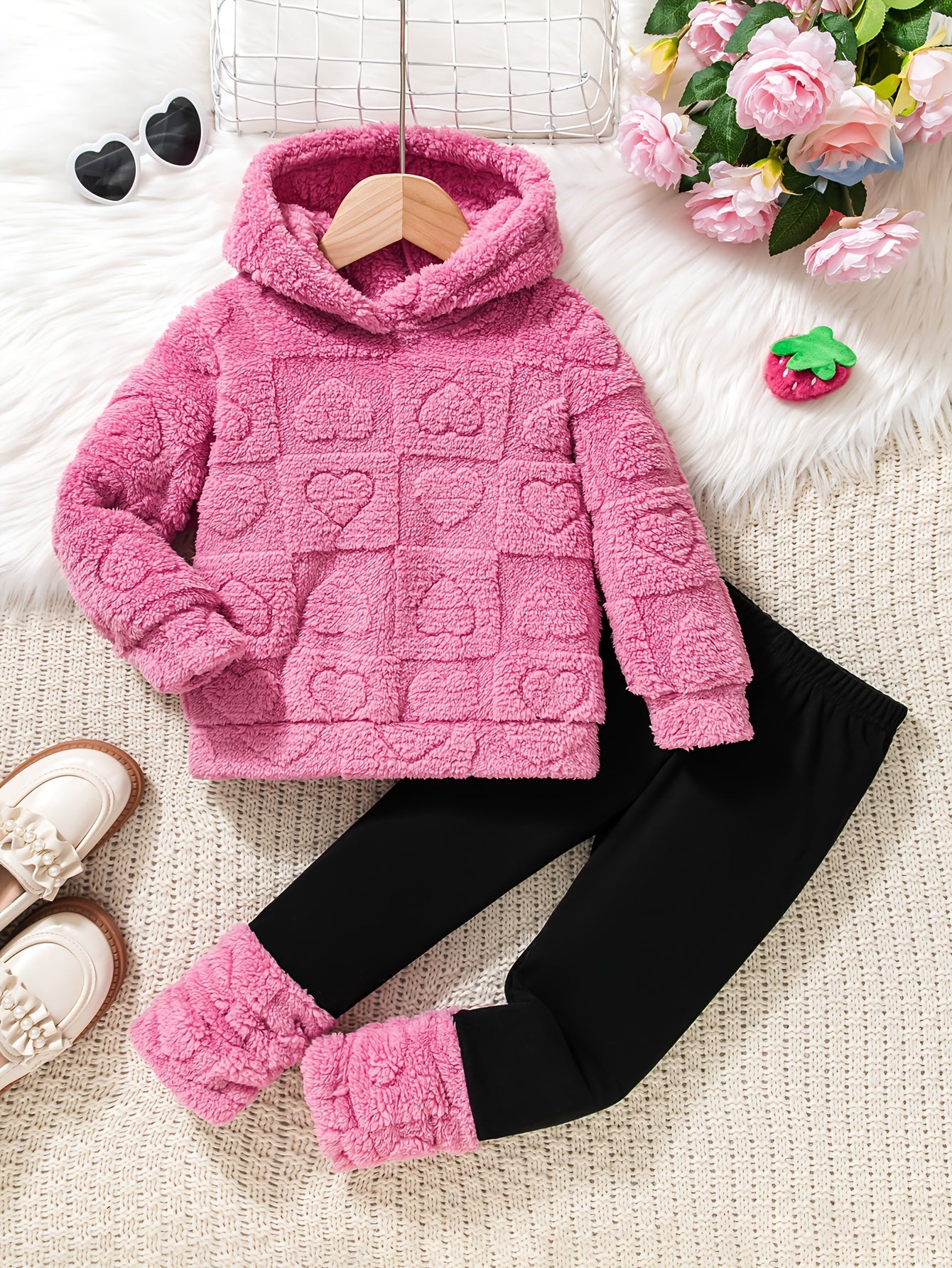 Girls' 2pcs Fall/Winter Warm Fleece Hooded Sweatshirt Set, Comfortable Cozy Casual Polyester Outfit with Slight Stretch, Solid Color Pullovers, Regular Fit - Knit Fabric