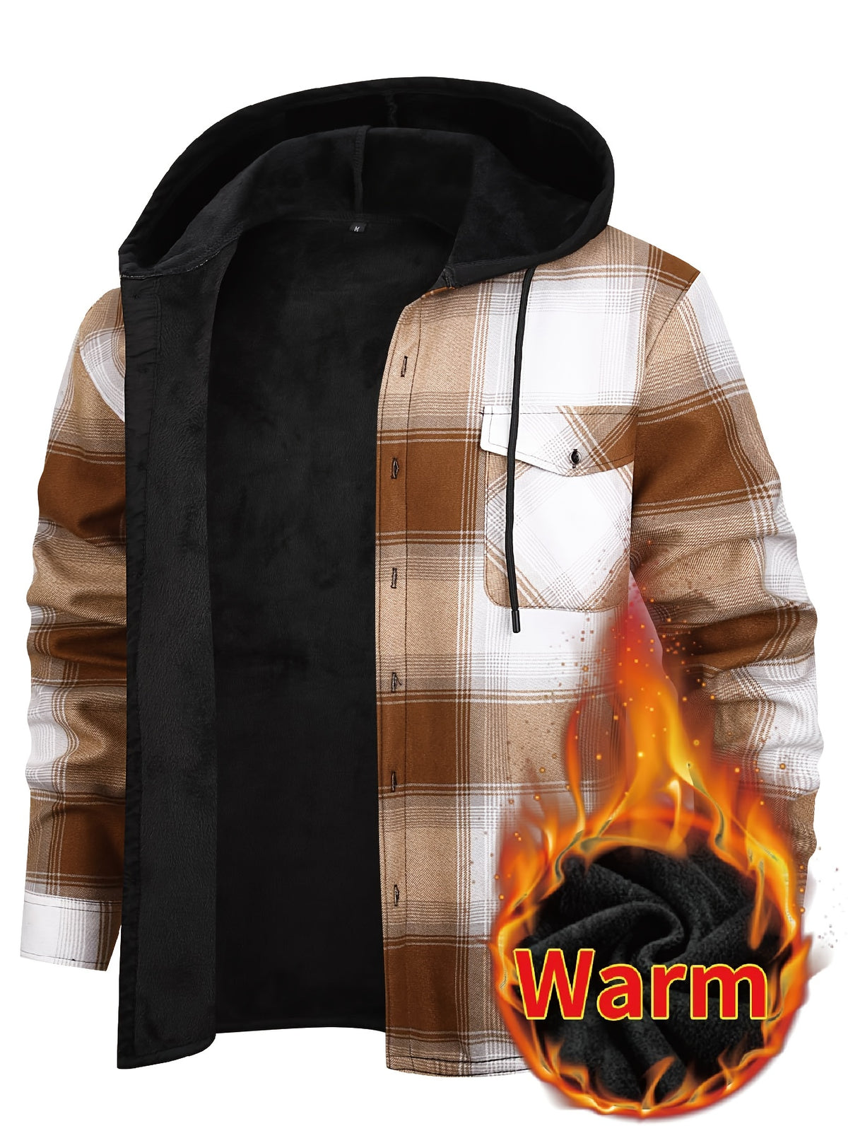Men's Winter Plush-Themed Hooded Shirt Jacket - Thickened Button-Front Outdoor Coat with Pockets, Loose Fit Casual Blazer (Hand Washable, Fall/Winter) | European/Emerican Sizing for Cold Weather Layering