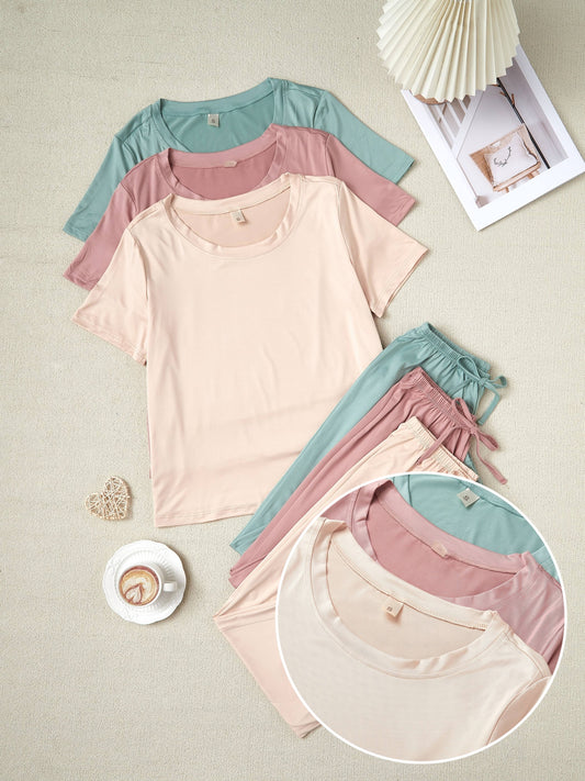 6pcs Women's New Style Pajamas Set • 3 Short Sleeved Tops • 3 Trousers • Casual Solid Color Set • 3 Pajamas