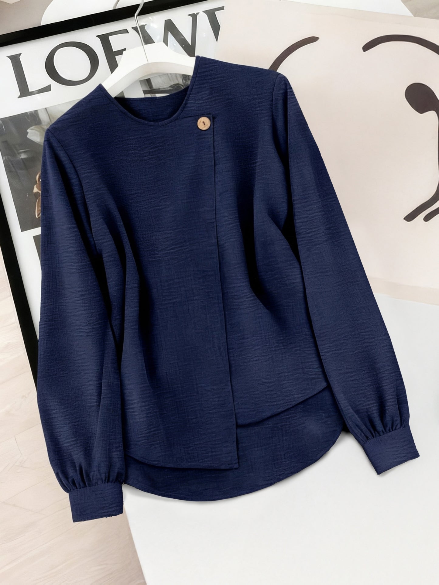 [Elegant Suit Set] 2pcs Set: Elegant Temperament Suit - Fashionable Solid Color Long-sleeved Top with Striped Print Wide-leg Trousers