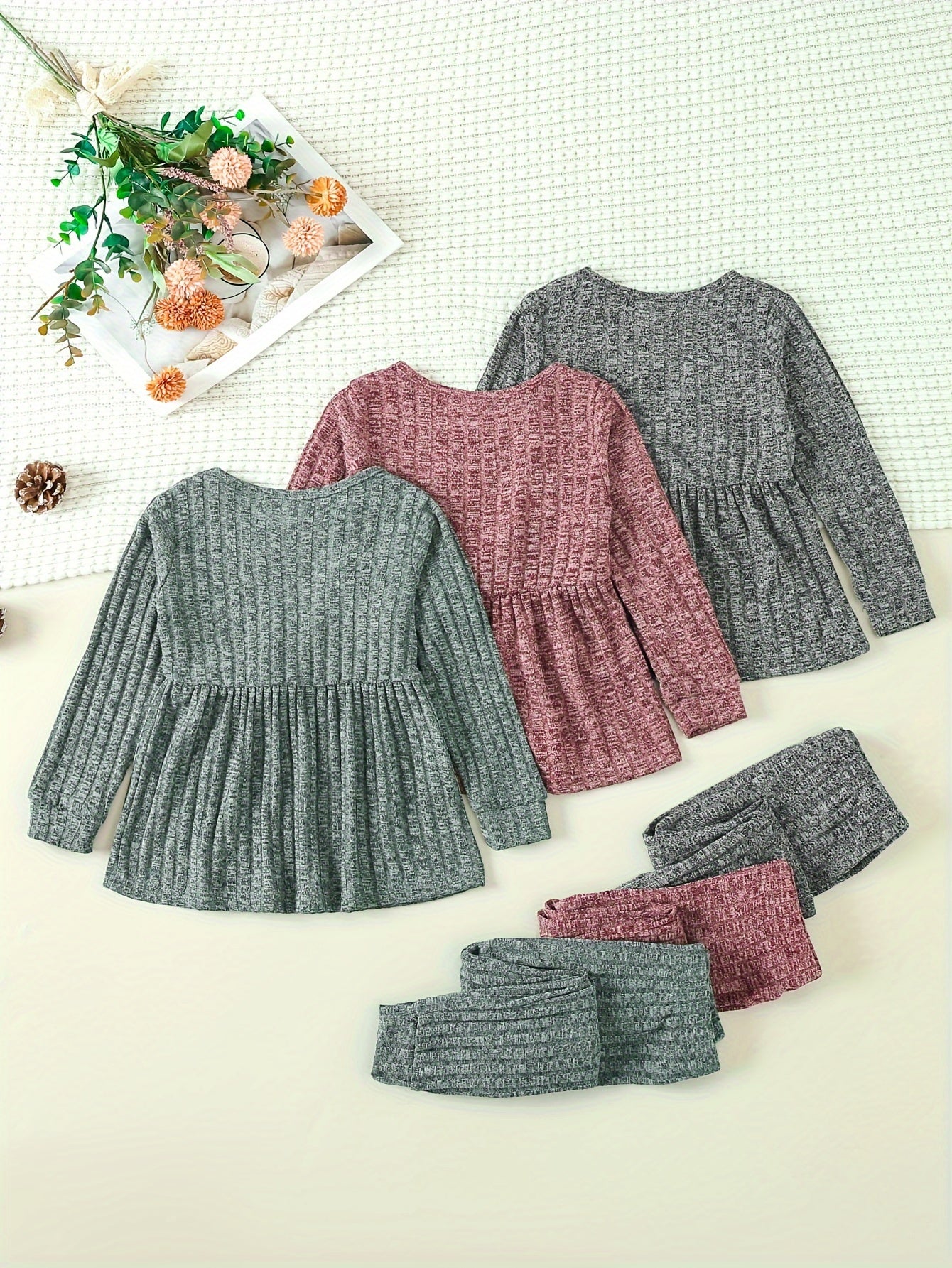 [3pcs Girls' Knit Set] 3pcs Girls' Knit Long Sleeve Dress & Leggings Set | Casual Top & Pants Outfit for Little Girls, Perfect for Outdoor