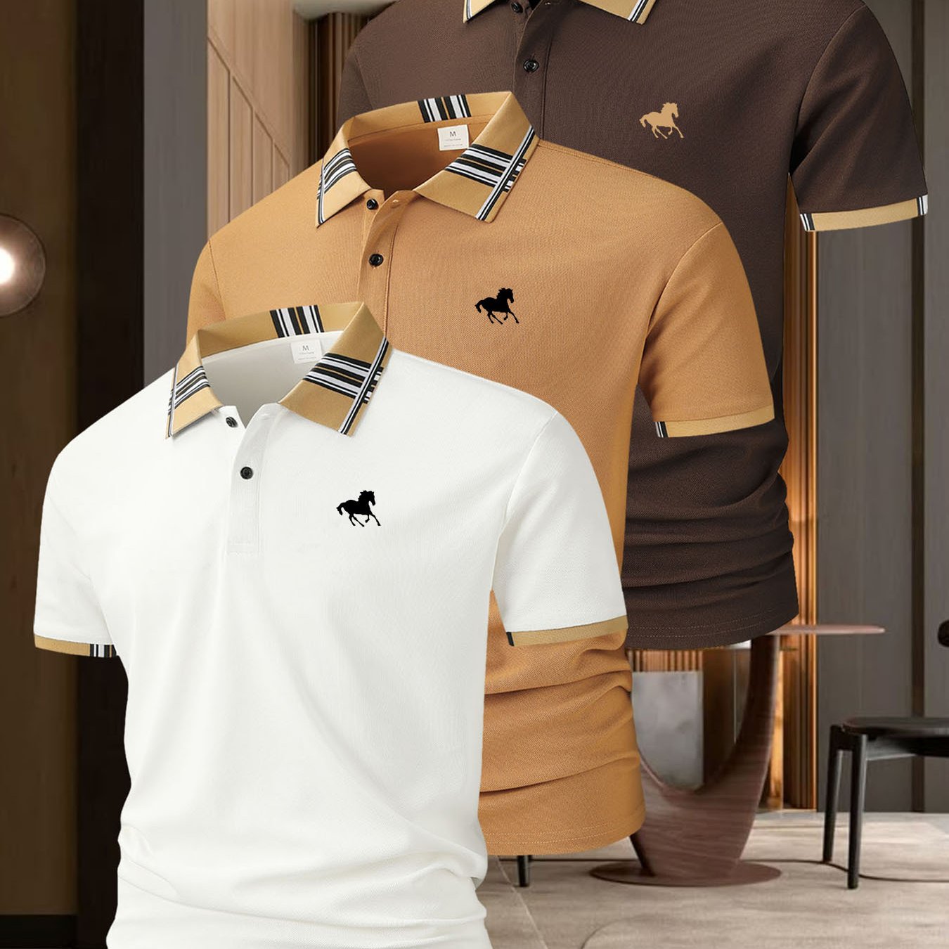 (AA046 Right Horse Racing Print Three-Piece Set) Milanese British Style Men'S Casual Short-Sleeved Shirt Popular Plaid Collar Golf Clothing Men'S Outdoor Sports Polo Shirt Lapel Polo Shirt Men'S Polo T-Shirt