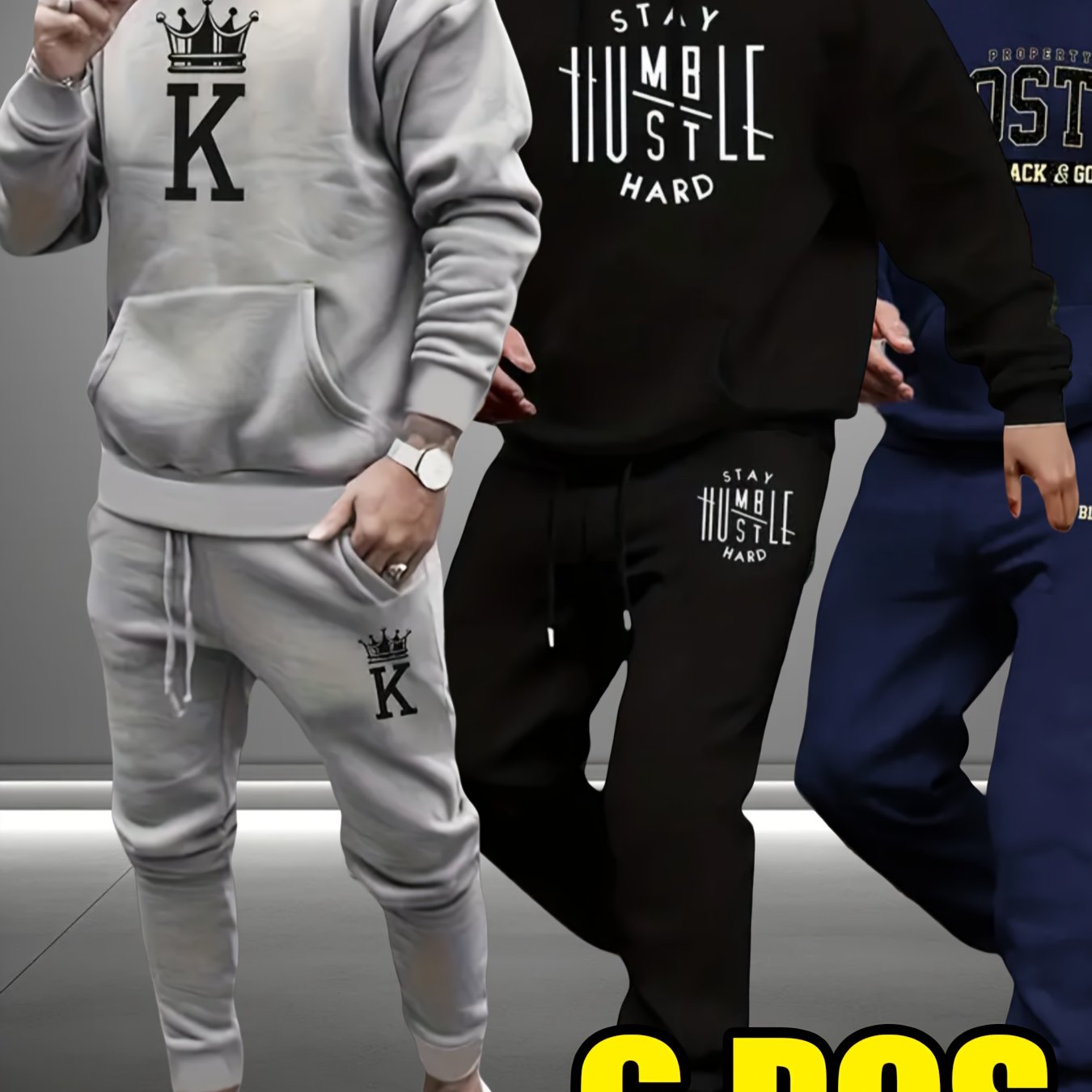 Men's 6pcs Full Set Hooded Sweatshirt & Jogger Pants Sweatsuit - Micro Elastic Fabric, Letter Print Matching Tracksuit for Gym, Yoga,, Winter/Spring/Fall Casual Wear, Machine Washable Matching Outfit (Regular Fit)