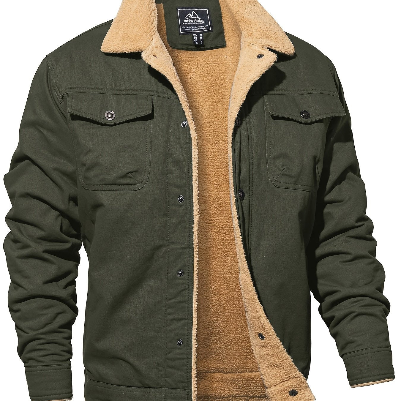 Men's Winter Jacket, Casual Grain Feel Fleece Washed Fabric Thick Soft Cozy Warm, Twill Texture Multifunctional Pocket Open Placket Metal Buckle, Trucker Style, Outdoor Running Hiking Climbing Camping Traveling Fishing Daily